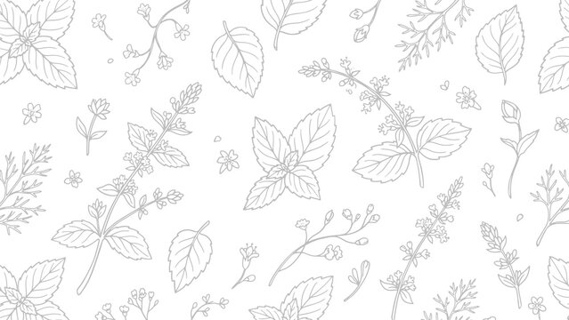 Hand drawn mint leaves and flowering stems in a botanical line art pattern on white background