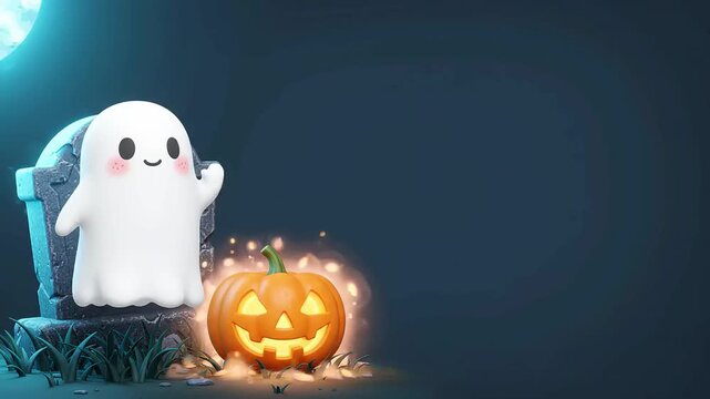 A cute ghost floating near a glowing pumpkin and tombstone in a spooky Halloween background video loop, perfect for autumn party banner design and holiday greeting card template.