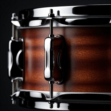 Close up of wooden snare drum detail. Polished chrome hardware, metal tension rods on maple shell. Pro musical instrument shows grain texture, glossy lacquer finish. High quality percussion gear for