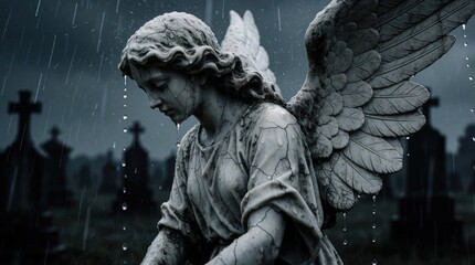 Fototapeta premium Sad angel statue in cemetery during rain. Weathered stone sculpture shows cracks and water drops. Dark moody atmosphere, religious grief, mourning mood. Memorial art.