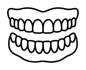 Hand-drawn black and white vector icon of full set of dentures with upper and lower teeth, dental prosthesis illustration on white background, simple line art - detailed commercial stock imagery © Sima mohajan