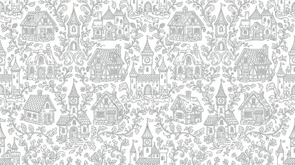 Obraz premium Vintage Village Houses and Castle Pattern