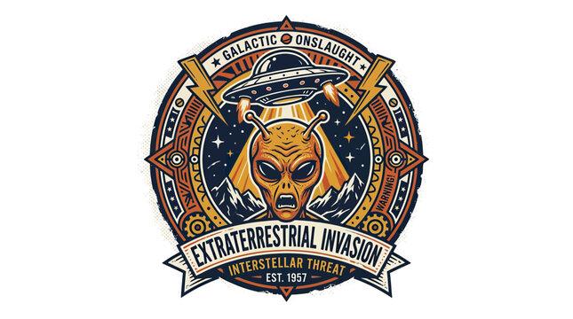 Alien Invasion Emblem with Spaceship and Mountains
