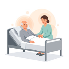 Obraz premium Caring nurse holds hand of elderly patient in hospital bed, illustration of empathy and healthcare