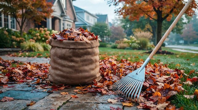 Autumn's Bounty Collected: A burlap sack overflows with fallen autumn leaves, a rake standing nearby on a paved walkway. The scene depicts the colorful, crisp essence of fall yard work.