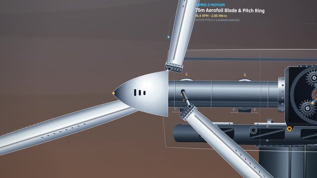 2D animation explaining the internal mechanism of a wind turbine, detailing the aerofoil blade, planetary gearbox, brake system, and induction generator for sustainable renewable energy production