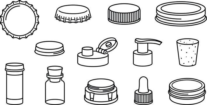 Bottle caps and jar lids closure line art vector illustration icon set isolated on a white background