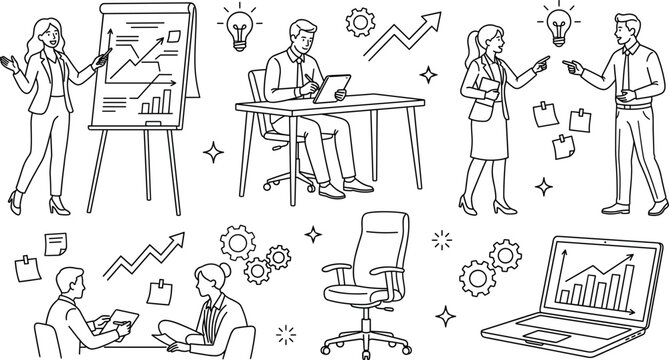 Business meeting presentation line art vector set with office workers charts flipchart laptop and brainstorm idea concept elements