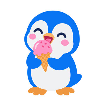 Penguin eating ice cream cartoon illustration