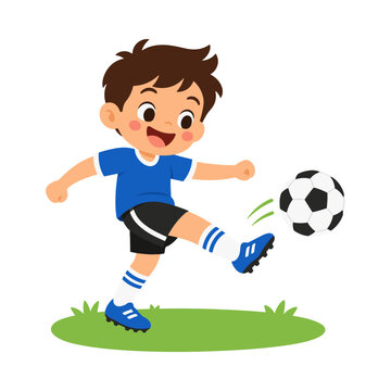 Boy playing soccer football kicking ball cartoon illustration