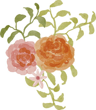 Watercolor floral arrangement with pink and orange roses and delicate green leaves isolated on white background