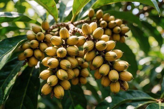 Clusters of yellow Gnetum gnemon seeds hang from a tree branch. Ripe fruit shows green and yellow stripes. Leaves form a rich green background. This tropical plant grows in Asia.