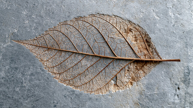 Dried leaf skeleton embedded in smooth light grey industrial concrete surface