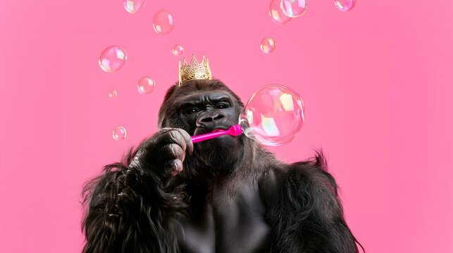Gorilla wearing a crown blowing soap bubbles on a pink background, unique and stylish