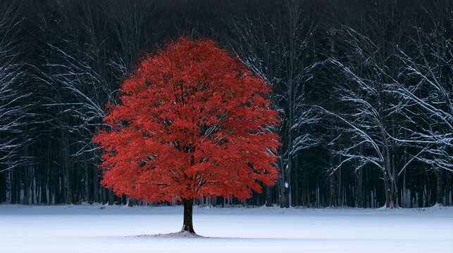 a solitary tree with vibrant red leaves standing out against a backdrop of snowcovered trees. The tree stands in the center of the frame, its leaves a striking contrast to the pristine white snow.