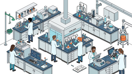 Fototapeta premium Scientists working in a modern laboratory setting, isometric view