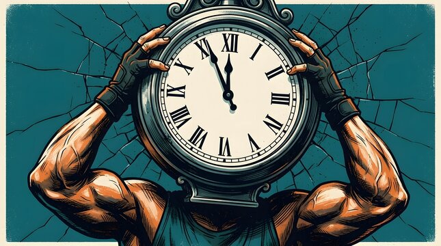 Muscular person with an antique clock head against a cracked blue background, symbolizing time pressure.
