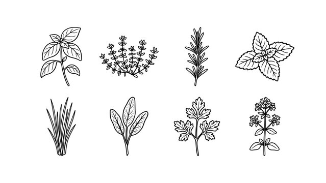 Collection of isolated hand drawn culinary herb plants in outline style