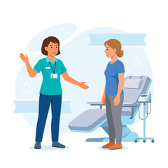 Fototapeta premium Dentist explains treatment to patient standing next to dental chair in modern clinic, vector illustration.