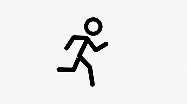 Simple black stick figure runner in motion. Minimalist line art shows athletic movement. Figure represents action, speed, and energy on white background.