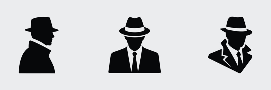 Secret Agent and Detective Silhouette Icons, professional investigator characters featuring covert operations, surveillance, mystery, intelligence gathering, security, and criminal investigation conce