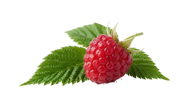 Bright red raspberry with leaves isolated on transparent background