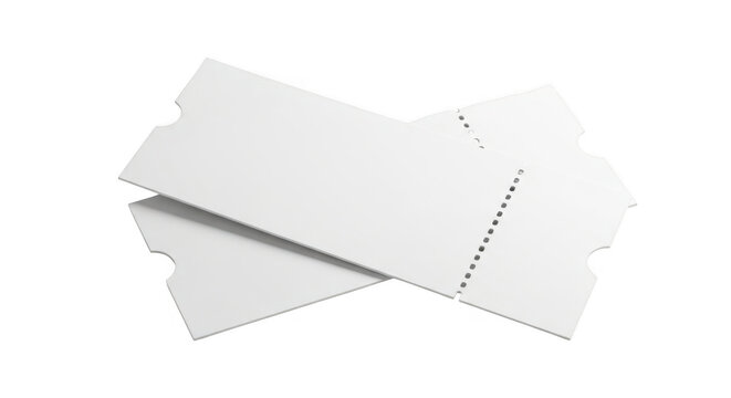 Two blank white paper tickets with perforated edges isolated on transparent background