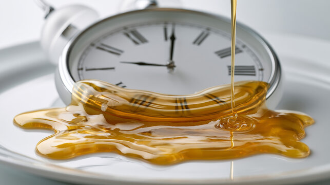 Macro still life photography of golden honey slowly dripping and covering a white clock face representing the passage of time