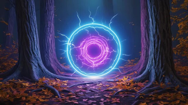 Glowing Magical Energy Portal Between Trees in an Enchanted Forest, Fantasy and Mystery Concept