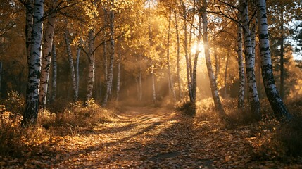 Fototapeta premium a serene forest during autumn. The main subject is a dense grove of birch trees, their trunks and branches illuminated by the warm glow of the setting sun.