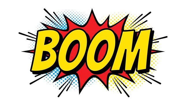 Pop art comic illustration featuring the word BOOM in bold yellow letters over a red.