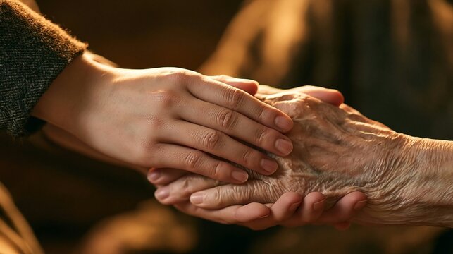 an elderly person and the other to a younger person. The elderly persons hands are clasped together, with the younger persons fingers slightly curled. The older persons skin is wrinkled and aged.
