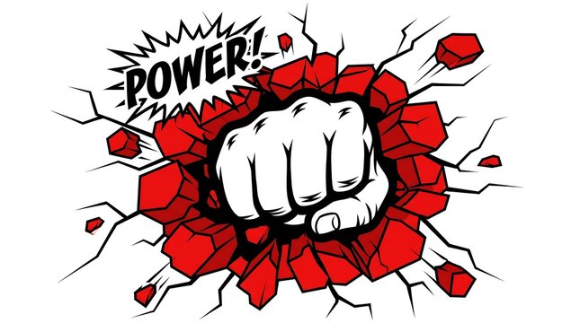 A comic book style illustration shows a fist punching through a red brick wall with the.