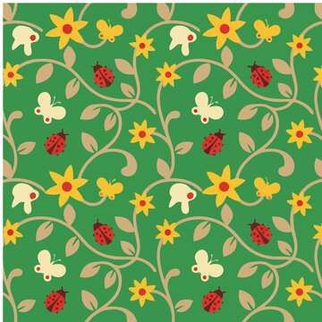 Seamless pattern with ladybugs, butterflies, and flowers