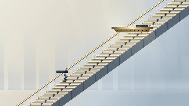 3D animation illustrating the struggle of wage stagnation versus the rising cost of living, featuring a businessman endlessly climbing an ascending staircase as inflation outpaces salary growth