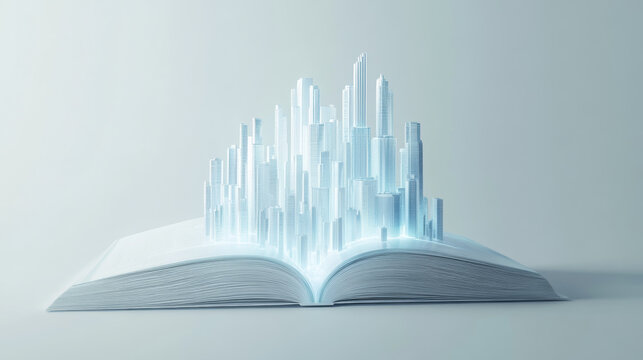 Future smart city growing out of an open book against a minimalist blue and white background