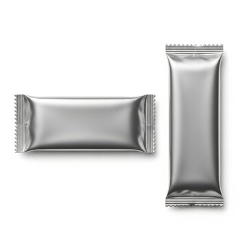 Two silver foil-wrapped rectangular food packets displayed against a white background