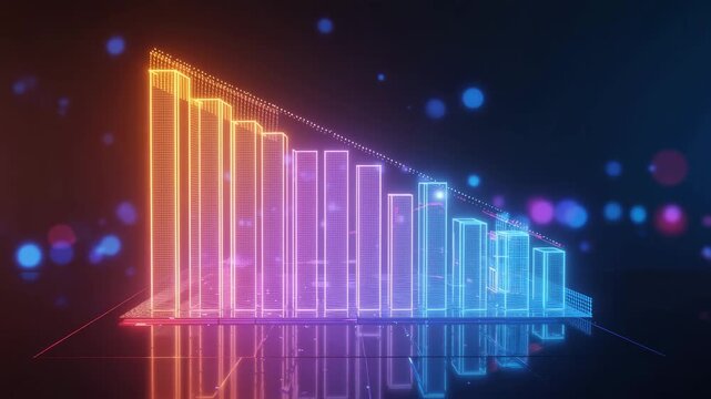 Colorful Neon Bar Chart Showing Declining Values for Finance, Business Analytics, Market Trends and Data Visualization