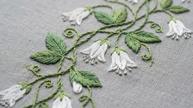 Graceful white bellflower embroidery with delicate green vine on grey linen background offers elegant touch for home textiles.