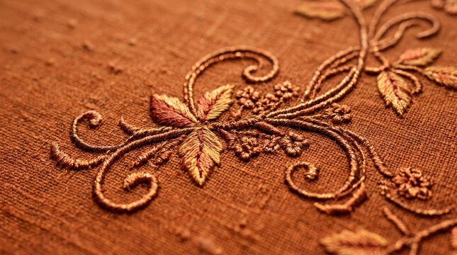 Intricate brown floral embroidery with elegant swirls and leaves on textured linen fabric creates sophisticated classical pattern.