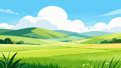 Naklejka premium Soft rolling hills stretch under a gentle blue sky. Fluffy white clouds drift above the tranquil green fields. Bright yellow grasses sway gently in the breeze
