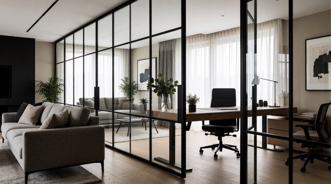 Modern apartment with open concept living room and home office separated by glass partition. Elegant furniture and decor create stylish workspace.