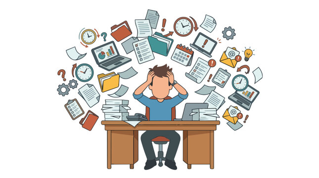 Workplace overload and office multitasking chaos with stressed employee flat vector illustration for corporate productivity and time management training