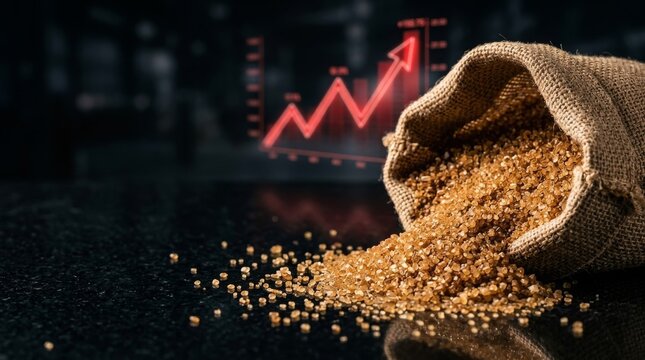 Burlap bag of raw brown sugar with a red rising financial growth stock chart