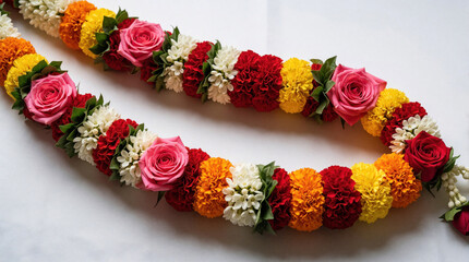 Naklejka premium Traditional Indian wedding garland mala with colorful flowers. Beautiful pink roses, orange marigolds, white jasmine blossoms arranged for Hindu marriage ceremony. Sacred floral decoration used in
