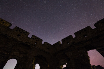 Silhouetted ancient stone castle ruins stand against a star-filled night sky, showing historic architectural details. © tai