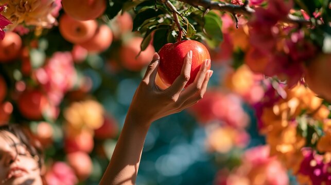 a moment in an orchard. A persons hand delicately reaches out to pick a ripe, red apple from a tree branch. The apples glossy texture reflects the sunlight, and the persons skin is a warm.