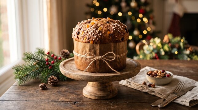 Traditional panettone christmas cake on a wooden stand