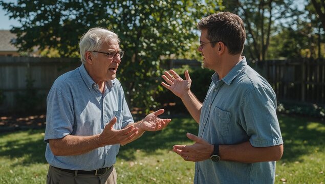 Frustrated senior father and adult son arguing and actively gesturing with hands in a sunny backyard