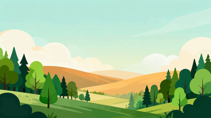 Obraz premium Soft hills roll under a gentle, cloudy sky. Green trees dot the rolling landscape. Warm light bathes the hills in peaceful tones. Nature's calm beauty invites quiet reflection